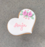 Hochzeitsherz, Tischkarte mit rosafarbenen Blumen, Personalisierbar. 10 cm - Fest Keks : Lebkuchen & Kekse für alle festlichen Anlässe