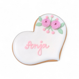 Hochzeitsherz, Tischkarte mit rosafarbenen Blumen, Personalisierbar. 10 cm - Fest Keks : Lebkuchen & Kekse für alle festlichen Anlässe