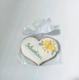 Hochzeitsherz, Tischkarte mit gelben Blumen, Personalisierbar. 10 cm - Fest Keks : Lebkuchen & Kekse für alle festlichen Anlässe