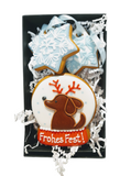 Lebkuchen Schneekugel mit Hund & Schneeflocken Anhänger im Geschenkkarton "Frohes Fest!" & Postkarte