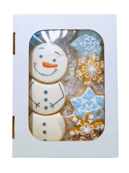 Lebkuchen, Schneemann (18 cm)  mit 4 Schneeflocken  im Geschenkkarton (22*17cm)