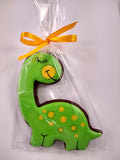 Platzkarte zur Kinderparty. Dino Keksgeschenk in 3 Farben (Grün, Rosa oder Gelb) Personalisierbar.mit Namen