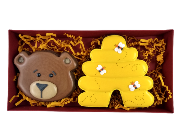 Bärchen und Bienenkorb Kekse im Geschenkkarton. Personalisierbar Geschenkbox: 22.5 * 11,5 * 3.5 cm